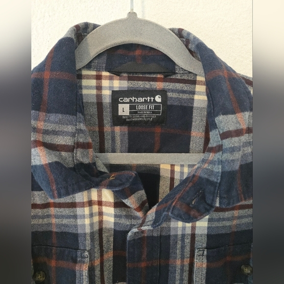Carhartt Shacket Mens Heavyweight Loose Fit Navy Plaid Cotton Shirt size Large - Picture 3 of 6